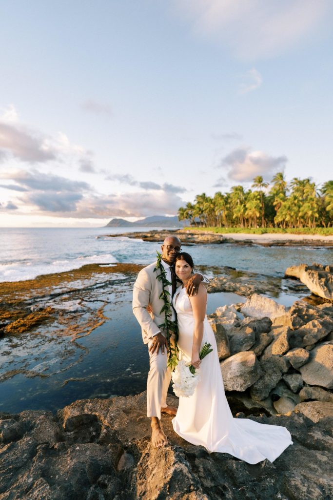 photos of a newly wed couple at Ko'olina, Hawaii