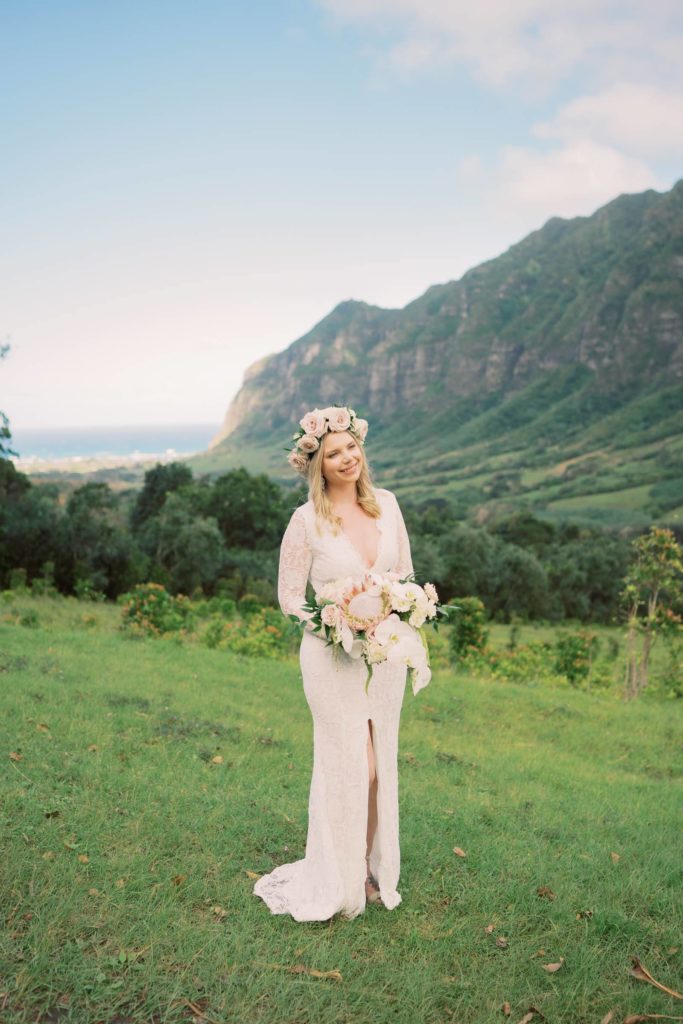Intimate photo of the Bride smiling at Kualoa Ranch Elopement