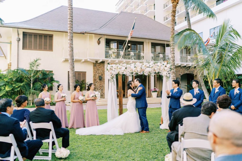 First Kiss at Oahu Wedding inThe Halekulani Hotel