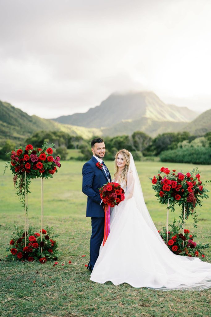 First look on the newlyweds at Intimate Elopement at Kualoa Ranch on Oahu