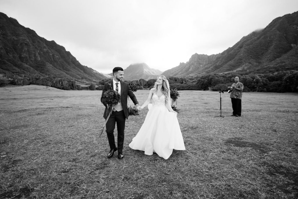 Black and white photo of newlyweds in Kualoa Ranch