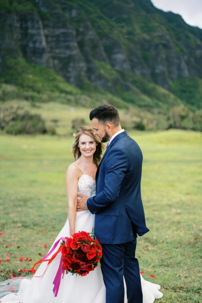 Bride beaming with joy Intimate Elopement at Kualoa Ranch on Oahu