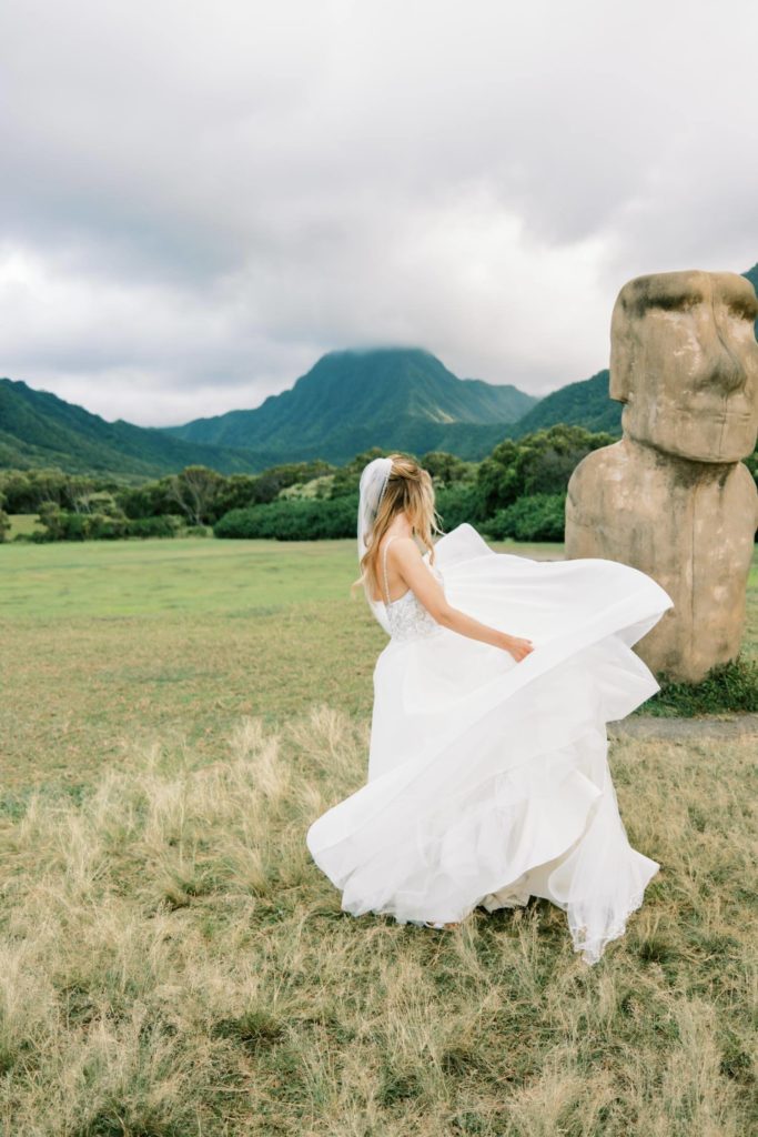 Bride Dancing at Intimate Elopement at Kualoa Ranch on Oahu