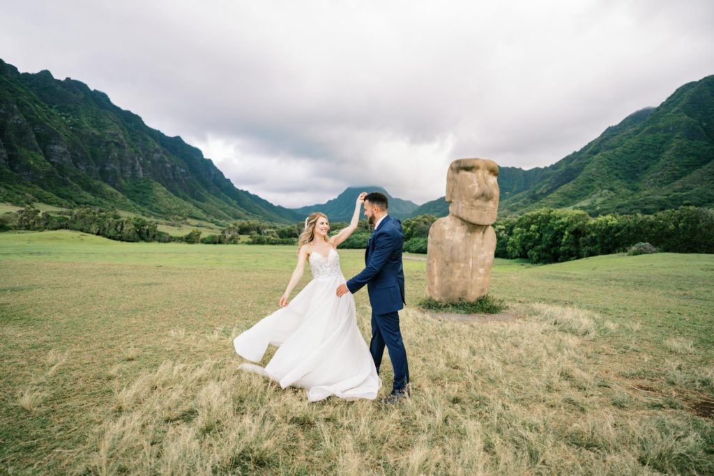happy Bride and Groom first dance Intimate Elopement at Kualoa Ranch on Oahu