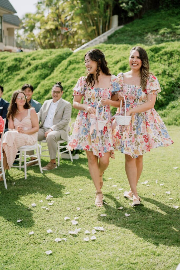 Private Home Wedding Bridesmaids Throwing Flowers on the Aisle