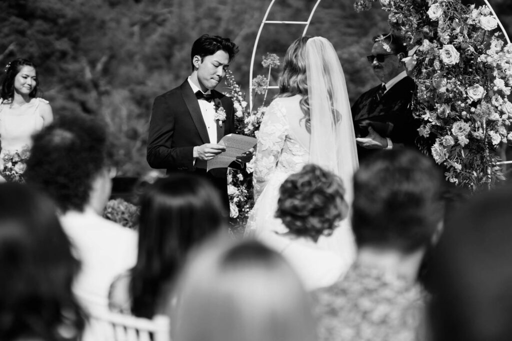 Black and White Photo of Exchanging of Vows Private Home Wedding