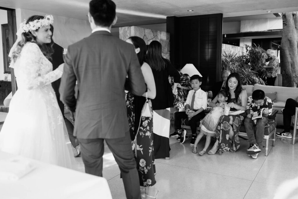 Black and White Image of the newlyweds in private home reception