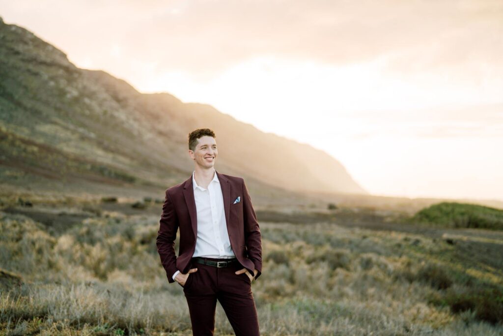 Photo of the groom in maroon coat a private wedding day in Oahu