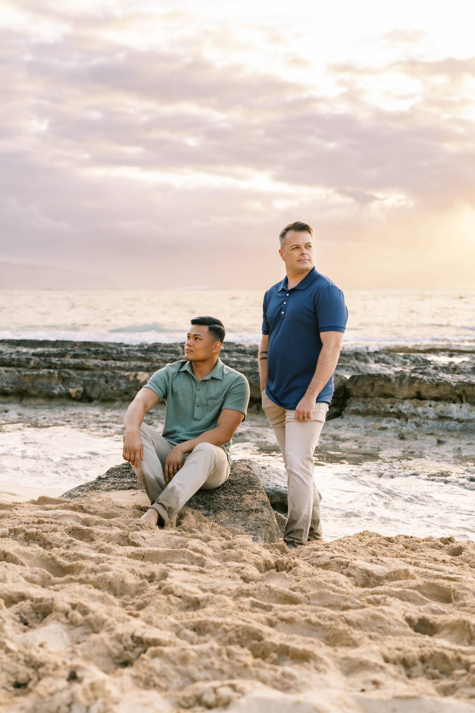 Oahu Engagement Session LGBTQ couple during sunset on the Haleiwa Beach 