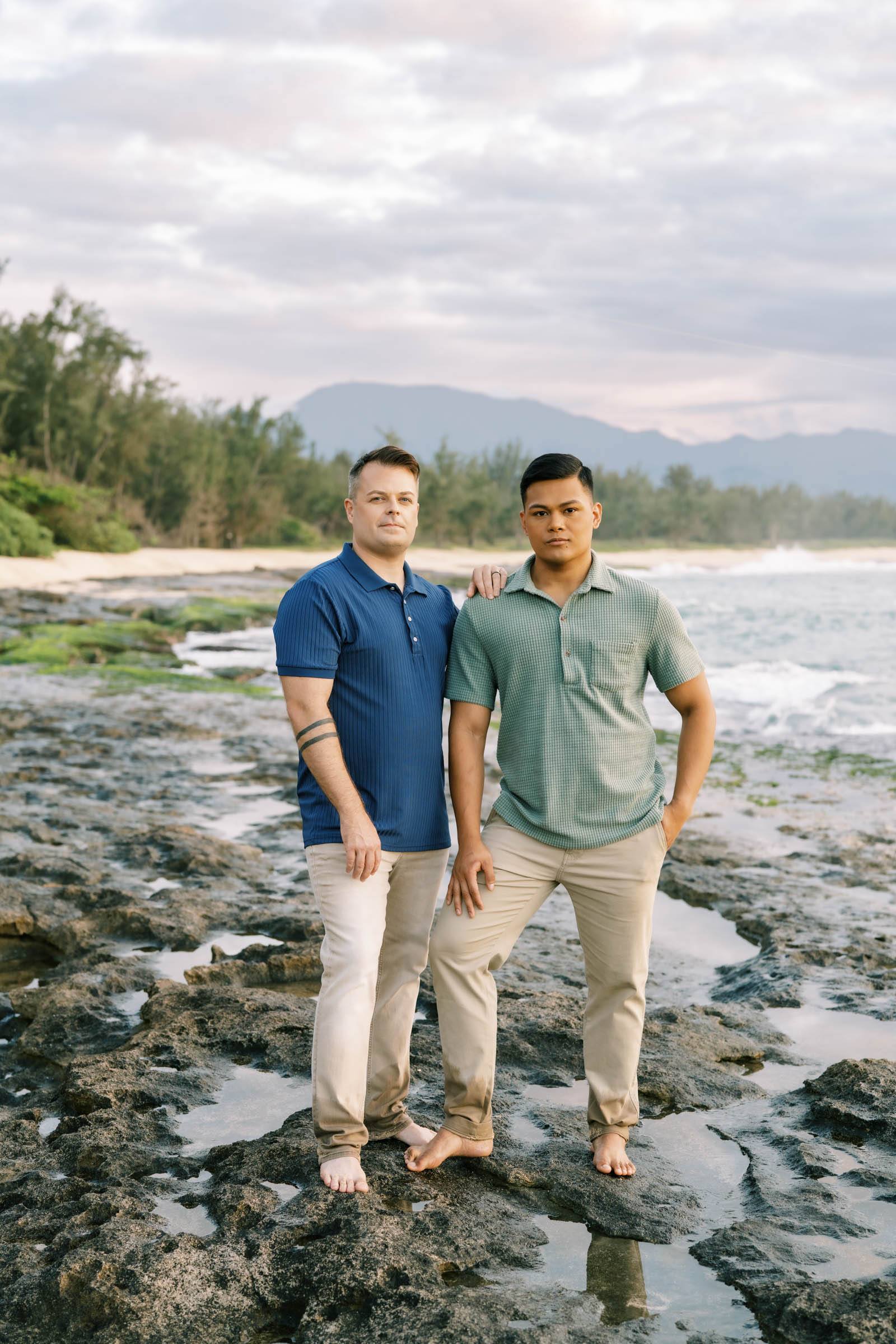 Oahu Engagement Session LGBTQ couple during sunset on the Haleiwa Beach 