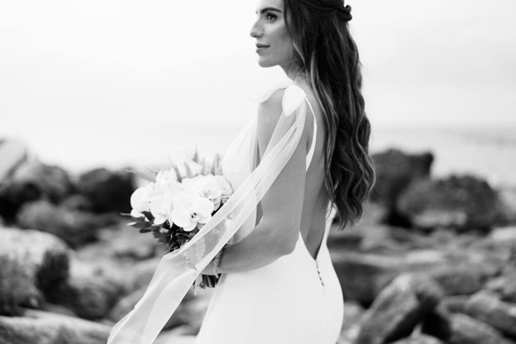Black and White photo of the Bride in Intimate Elopement on Oahu 