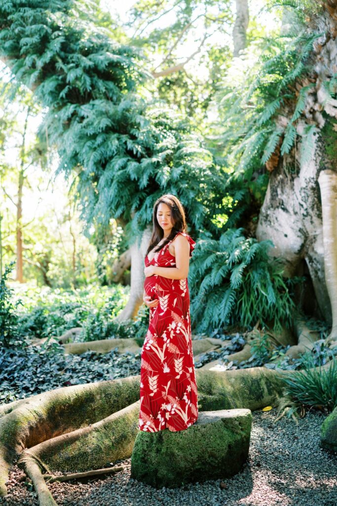 A Pregnant woman wearing a long red floral dress on her Pregnancy Photo Session at Oahu Botanical Garden