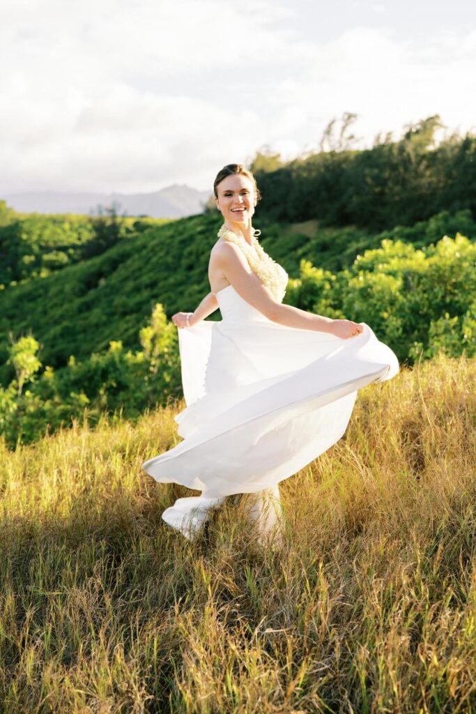 Bride dancing on the hill Wedding on Kauai