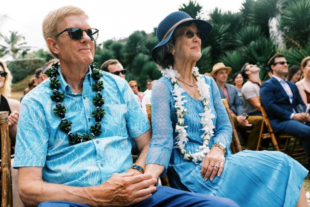 Elder couple wearing matching blue clothes Wedding on Kauai 